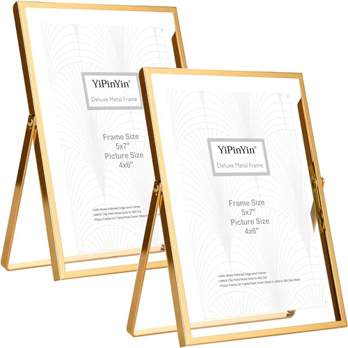YiPinYin Gold 5x7'' Floating Frame Set of 2, For Photo Sizes 3.5x5'', 4x6'', 5x7'', Luxury Modern Gold Metal Frames for Tabletop/Shelf, Wedding, Birthday, Home or Office Decoration