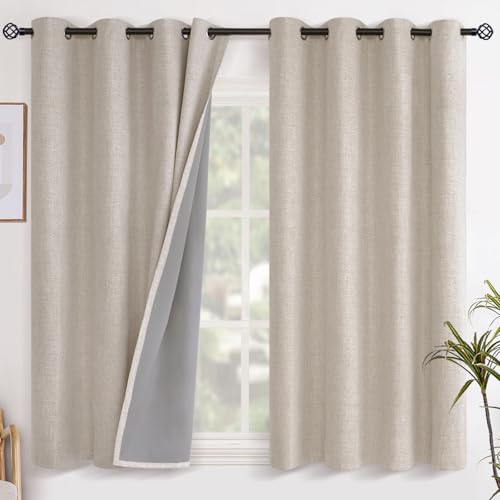 YoungsTex Short Linen Blackout Curtains for Bedroom Window, Burlap Thermal Insulated Drapes with Grommet Privacy for Living Room Bathroom Kitchen Window, Oatmeal, 2 Panels, 52 X 45 Inch