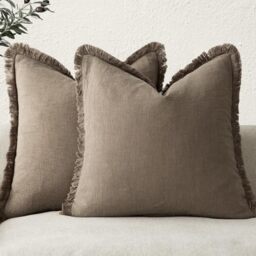 Foindtower Set of 2 Decorative Linen Fringe Throw Pillow Covers Cozy Boho Farmhouse Cushion Cover with Tassels Soft Accent Pillowcase for Couch Sofa Bed Living Room Home Decor, 16×16 Inch, Light Brown
