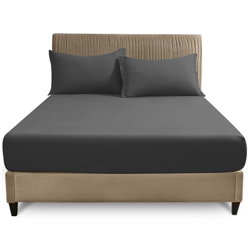 """GC GAVENO CAVAILIA Double Fitted Sheet - 25cm Deep Polycotton Bed Sheet - Soft, Durable & Wrinkle Resistant Easy Care Plain Dyed Bedding - Charcoal Deep Mattress Bottom Sheet - 135 x 190 cm"""