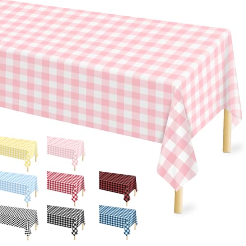 Mulbozy 12 Pcs Pink Gingham Tablecloth 54 ?? 108 Inches Pink and White Checkered Table Cloth Disposable Plastic Waterproof Tablecover for Outdoor Picnic, Birthday Party, Holiday Dinner
