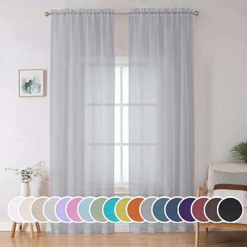"OWENIE Light Grey Sheer Curtains 90 Inches Long for Living Room 2 Panels Set, Soft Solid Living Room Sheer Curtains for Bedroom, Rod Pocket Light Filtering Farmhouse Curtains, 42"" Wx90 L"