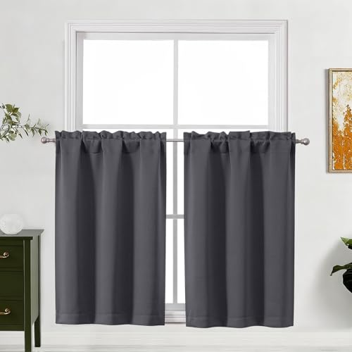 "Lecloud Grey Kitchen Curtains 36 Inch Length 2 Pcs, Modern Farmhouse Decor Privacy Room Darkening Curtain, Short Window Drapes Rod Pockets for Bedroom Cafe Basement, Each Panel 30"" W x 36"" L"