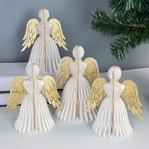 4PCS Paper Angel Honeycomb Angel Christmas Ornaments for Tree & Table Decorations - Glitter Hanging Xmas Decorations for Mantel & New Year Party