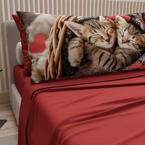 PETTI Artigiani Italiani - Bed Linen Animals with Cats in Cotton with Pillowcases in Digital Print, Double Bed Sheet, Red Double Bed Set, 100% Made in Italy