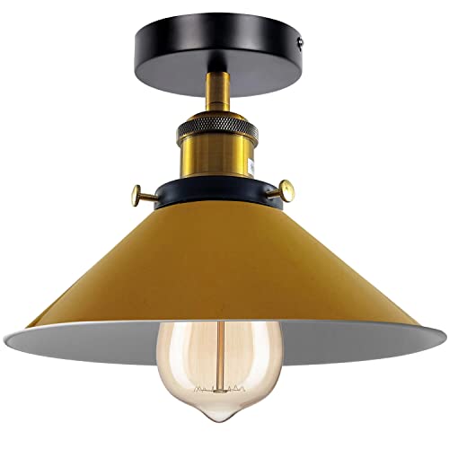 LEDSone Vintage Semi Flush Mount Lighting 22cm Yellow Cone Lampshade Industrial Metal E27 Ceiling Light Fixture for Kitchen Hallway Farmhouse Living Room Bulb Included