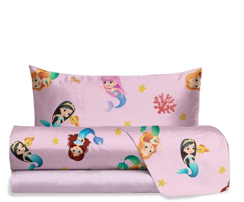 hermet Jolly Mermaid Single Bed Sheet Set, 100% Cotton, Top Sheet + Fitted Sheet + Pillowcase, Bedding Set with Nursery Design
