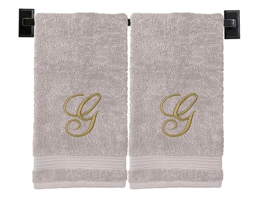 Custom Luxury Towels Beige Hand Towels for Bathroom - Monogrammed - Luxury Cotton Turkish Towels - Embroidered in USA - Set of 2 - Choose Set Color and Letter - A - Z - Script Font