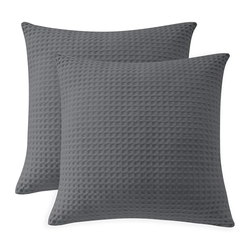 "100% Egyptian Cotton 600 TC Waffle Weave Throw Pillow Covers 2 Pack - Ultra Soft Breathable Euro Pillow Shams Covers, Decorative Cushion Covers for Bed Couch Sofa Car, Dark Grey, 20"" x 20"""