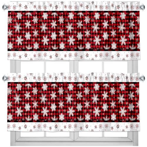 GlikCeil 2 Pack Christmas Valance Curtains for Windows Buffalo Plaid Valances Red Black Curtains Short Window Treatment with Rod Pocket for Christmas Winter Home Window Decor 54 x 18 Inch (Snowflake)