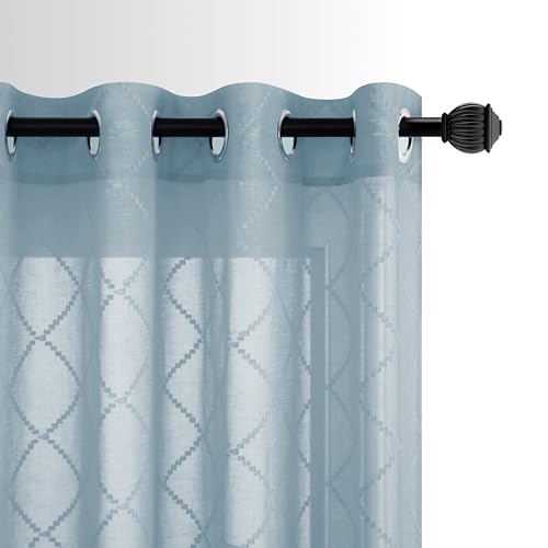Grey Stone Blue Grommet Sheer Curtains for Living Room Geometric Diamond Embroidered Trellis Quatrefoil Patterned Vintage Country Slate Dusty Blue Gray Curtains for Bedroom Dining Room 84 Inches Long