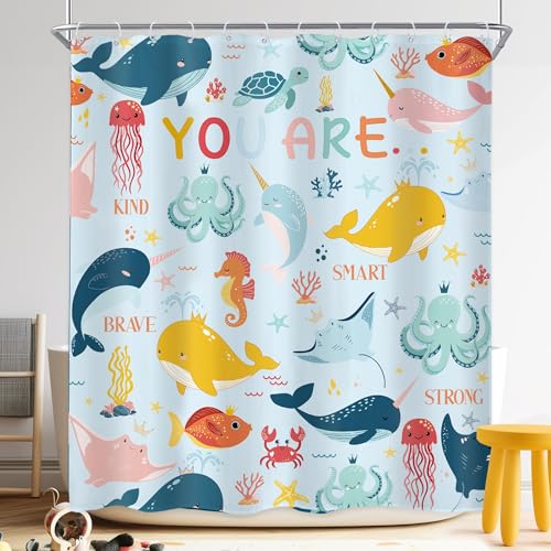 "Whale Kids Cartoon Inspirational Quotes Kind Bathroom Shower Curtain Set - 60""W x 72""L shower curtain??? Brave Ocean: HD waterproof print, quick-dry cloth, free hooks for easy installation."