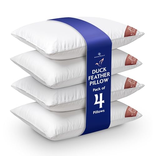 GC GAVENO CAVAILIA Duck Feather Pillows 4 Pack - Premium Hotel Quality Bed Pillow For Sleeping - Breathable & Soft Feather Pillows 2 Pair - Anti-Allergenic Side Sleeper - UK Size (48x74cm) - White