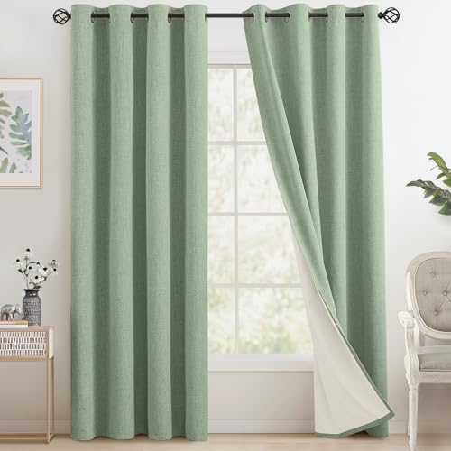 COSVIYA Sage Green Linen Curtains 100% Blackout Grommet Drapes 84 Inches Long,Full Room Darkening Thermal Insulated Curtains with Liner, 2 Panels, 52x84inches