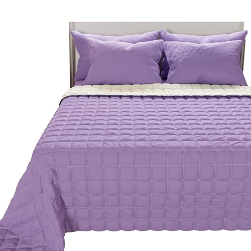 PETTI Artigiani Italiani - Reversible Quilted Bedspread Cream Lilac - 240x260 cm for Double/King Size Bed - 100% Extra Soft Microfibre - Lightweight Summer Quilt - 100% Made in Italy