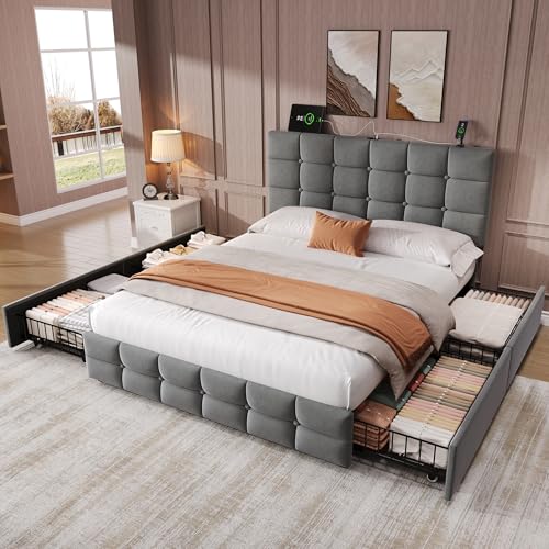Ball & Cast 4ft6 Double Bed Frame with 4 Storage Drawers, Platform Bed with Adjustable Channel Tufted Headboard, Velvet, Sturdy Metal-Wood Support, No Box Spring Needed, Easy Assembly, Grey
