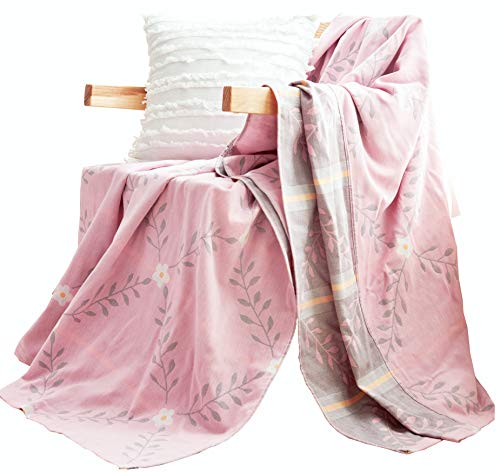 MEJU Flower Muslin Lightweight Summer Blanket for Bed Sofa Couch, 100% Combed Cotton 2 Layer Soft Warm Quick Dry Throw Blanket Bed Coverlet Sheet Flower Pink, Twin 60 in X 80 in