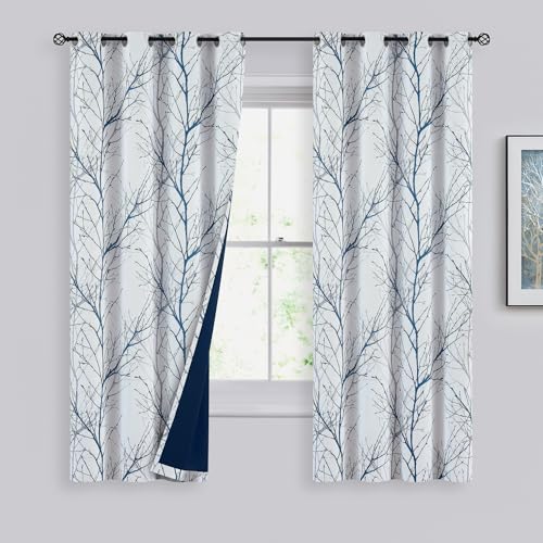 Fmfunctex 100% Blackout Curtains for Bedroom, Blue White Curtains 63 Inch Length for Living Room, Blue Grey Tree Branch Patterned Thermal Insulated Panels, Farmhouse Window Drapes 2 Panels Grommet Top