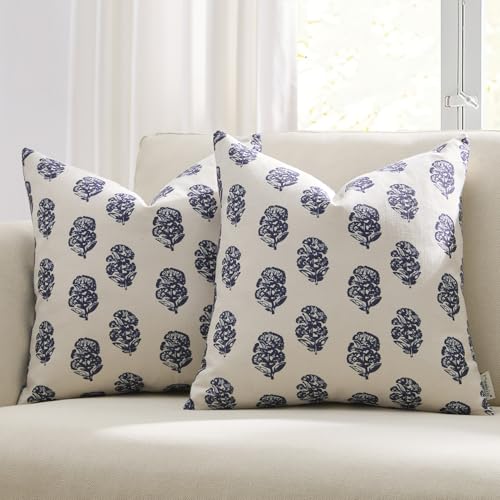 Meekio Set of 2 Navy Blue Pillow Covers 18 x 18 inches Linen Throw Pillow Covers with Floral Block Print for Sofa Couch Decor
