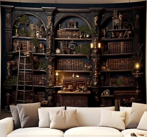 QGHOT Medieval Bookshelf Tapestry, Vintage Gothic Bookcase Bookshelf Backdrop Spooky Library Tapestries Wall Hanging Dark Academia Wall Art for Bedroom Living Room Large Office Zoom 78.7L x 104W