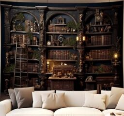 QGHOT Medieval Bookshelf Tapestry, Vintage Gothic Bookcase Bookshelf Backdrop Spooky Library Tapestries Wall Hanging Dark Academia Wall Art for Bedroom Living Room Large Office Zoom 78.7L x 104W