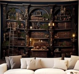 QGHOT Medieval Bookshelf Tapestry, Vintage Gothic Bookcase Bookshelf Backdrop Spooky Library Tapestries Wall Hanging Dark Academia Wall Art for Bedroom Living Room Large Office Zoom 78.7L x 104W