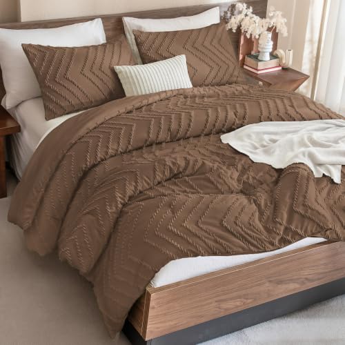 Andency Brown California King Comforter Set, 3 Pieces Boho Bed Set - Cal King Soft Warm Tufted Aesthetic Chevron Farmhouse Cute Bohemian Textured Lightweight Comforter Bedding Sets