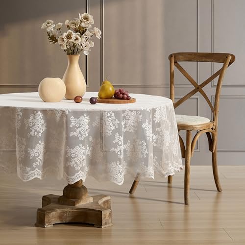 HLC.ME Jolene Floral Lace Fabric Tablecloth, Lace Fabric Table Cloth for Round Tables, Wrinkle Resistant Tablecloth, Patterned Scalloped Tablecloth (70 Round, Linen Taupe)