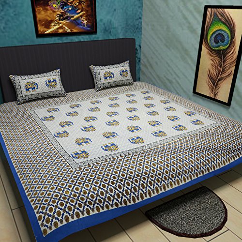 Traditional Mafia Ethnic Collection Printed Bedsheet with 2 Pillow Covers, Cotton, Blue, King, Set of 3