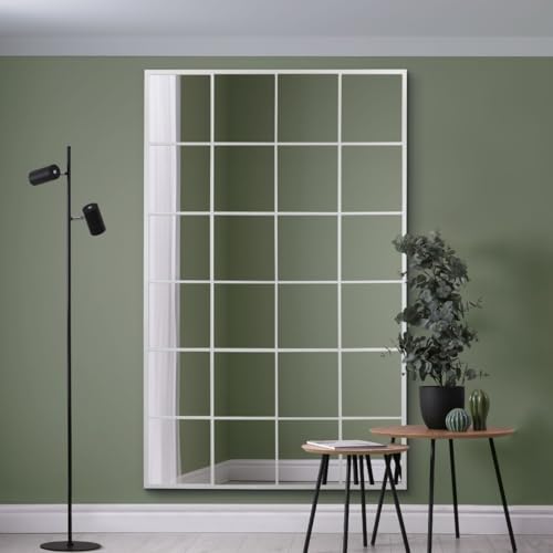 "MirrorOutlet The Fenestra - White Modern Window Full Length Leaner/Wall Mirror 69"" X 43"" (174CM X 110CM) Silver Mirror Glass with Black Metal Frame."