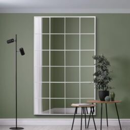 "MirrorOutlet The Fenestra - White Modern Window Full Length Leaner/Wall Mirror 69"" X 43"" (174CM X 110CM) Silver Mirror Glass with Black Metal Frame."