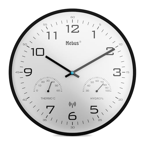Mebus Modern Radio Wall Clock with Temperature Display and Humidity, 30 cm, Radio-Controlled Clock, Living Room, Kitchen Clock, Model: 52840, Colour: Black