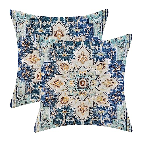 AEIOAE Boho Pillow Covers 18x18 Inch Set of 2,Carpet Pattern Throw Pillows Case,Blue Yellow Ethnic Design Outdoor Decorative Square Linen Farmhouse Decor Cushion Covers for Home Sofa Bed Couch