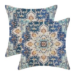 AEIOAE Boho Pillow Covers 18x18 Inch Set of 2,Carpet Pattern Throw Pillows Case,Blue Yellow Ethnic Design Outdoor Decorative Square Linen Farmhouse Decor Cushion Covers for Home Sofa Bed Couch