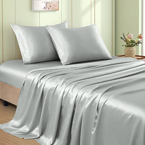 VACVELT 4pcs Silver Grey Satin Sheets King Set, 15-Inch Deep Pocket - Silky Smooth Texture, Protects Skin And Hair, Wrinkle And Fade Resistant, Breathable Year Round, Machine Washable