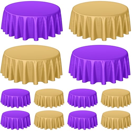 Buryeah 12 Pcs 84 Inch Purple and Gold Round Plastic Table Cloth Waterproof Tablecloth Round Plastic Table Covers for Wedding Birthday Graduation Party Gender Reveal Baby Shower