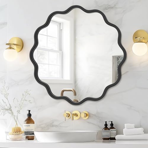 PROHOMEWARE Black Round Mirror 24 Inch Wavy Bathroom Vanity Mirror Black Frame Modern Wall Mirror Decorative Wall-Mounte Anti-Rust, Tempered Glass