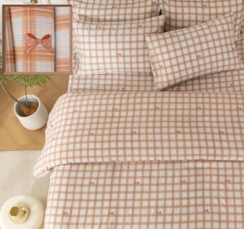 SDY 7PCS Bowknot Checkered Comforter Set Twin, Lightweight Cute Comforters with Bow Suitable for All Season, Bow Bedding Set Twin with Comforter, Flat Sheet, Fitted Sheet and Pillowcases & Shams
