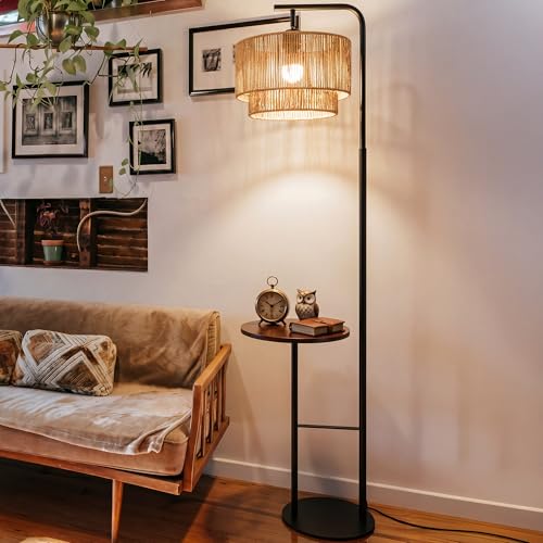 LuminexDesigns Rattan Floor Lamp with Shelf, Black