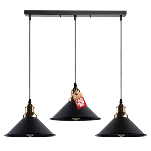 LEDSone 3 Head Black Vintage Industrial Ceiling Hanging Light Shade Loft Style Metal Ceiling Pendant Lamp for Kitchen Island, Living Room, Dining Room, Bar, Cafe, Hallway E27 UK Lighting