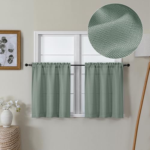 Lecloud Bessie Sage Green Kitchen Curtains 24 Inch Length 2 Panels Set, Faux Linen Cafe Short Curtains with Dual Rod Pocket, Window Curtain Tiers for Living Room/Bathroom, Each 30 W x 24 L