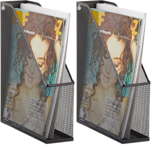 Relaxdays A4 Metal Mesh File Holder, Standing Magazine Rack, Eyelets for Mounting, Document Organiser, Black (Pack of 2)