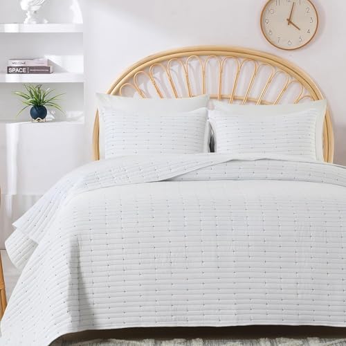 HIARUO Quilt Set Queen Size, 3 Pieces Bedspread Coverlet Comforter Set Lightweight Thin Bedding Blanket with 2 Pillow Covers Shams Modern Full Cover for All Season, White Star Pattern