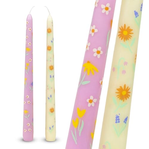 Talking Tables 2 x Dinner Candles Floral Tapered Pink & Yellow Candles Set – Unscented Ditsy Flowers, 8 Hr Burn, Mother's Day Gift - Decorative Spring Table Decorations Pastel Easter Décor, 24cm