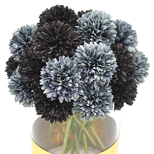 Blooming Paradise 20Pcs Artificial Fake Flower Plants Silk Chrysanthemum Ball Hydrangea Arrangements Wedding Bouquets Decor Home Kitchen Garden Party Table Floral Centerpieces DIY (Black&Grey)
