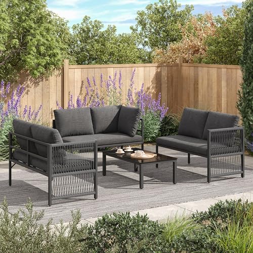 Ball & Cast 4 Seater Garden Set with Plastic Wood Coffee Table & Handrail, Polyester Rope Outdoor Set with Sofa and Armchairs, Weatherproof Outdoor Patio Sofa for Balcony and Terrace, Linen, Grey