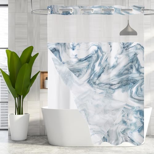 MitoVilla No Hooks Needed Extra Long Shower Curtain Set with Snap-in Liner, Blue 86 inch XL Marble Shower Curtains for Luxury Hotel Grade & Spa-Like Bathroom Decor