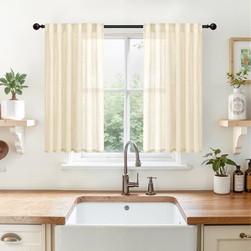 YoungsTex Linen Semi Sheer Curtains 45 Inch Length for Short Window, Cream Beige Small Drapes Rustic Light Filtering with Rod Pocket Back Tab for Cafe Bathroom Window, 2 Panels, 34 X 45 Inch