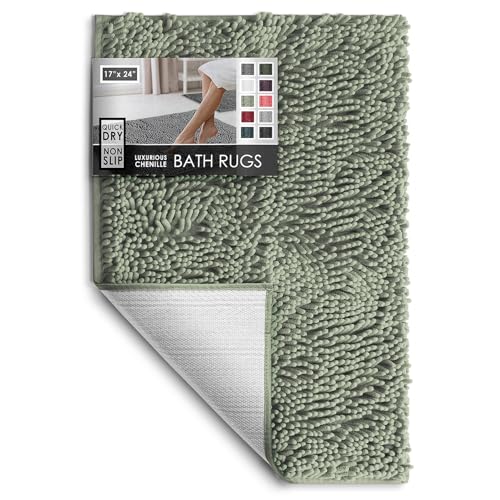 Hearth & Harbor Bathroom Rugs, Chenille Bath Mat - Machine Washable Bath Mats for Bathroom Non-Slip Backing Rubber, Quick Dry Bathroom Mat, Small Sage