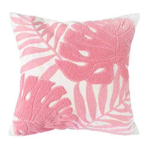 Hodeco Embroidery Throw Pillow Covers 18x18 Inches Floor Pillow Cover for Couch Bed Room Chair 100% Cotton Loop Embroidered Pink Tropical Leaves Cushion Cover Square Pillow Case 45x45cm, 1 Piece